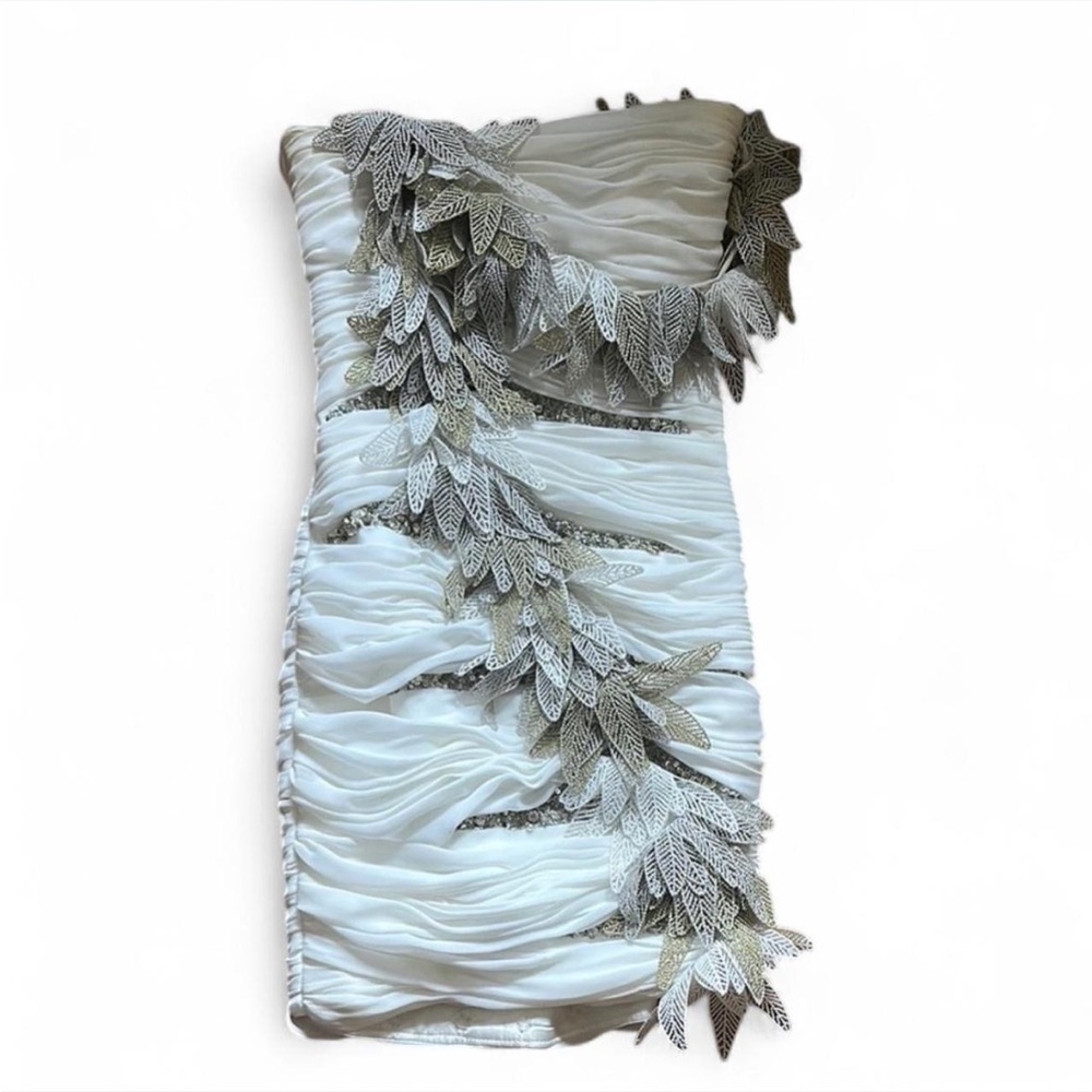 TONY WARD Strapless White Dress with Silver Foliage Accents
